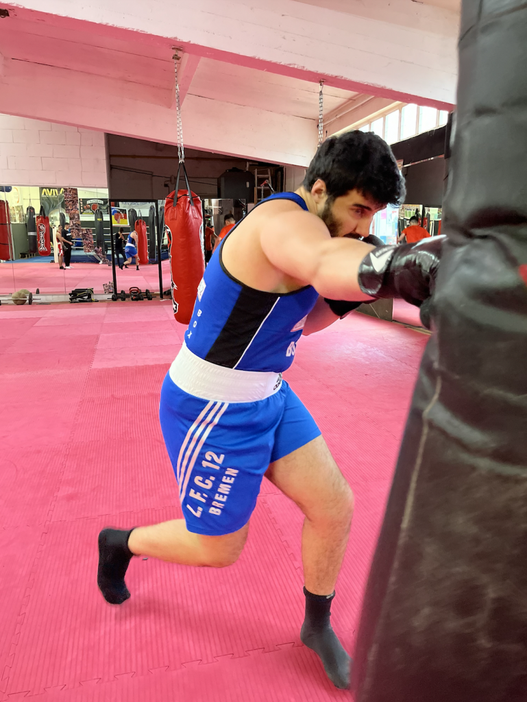 Unser Boxer Dejvit am Sandsack